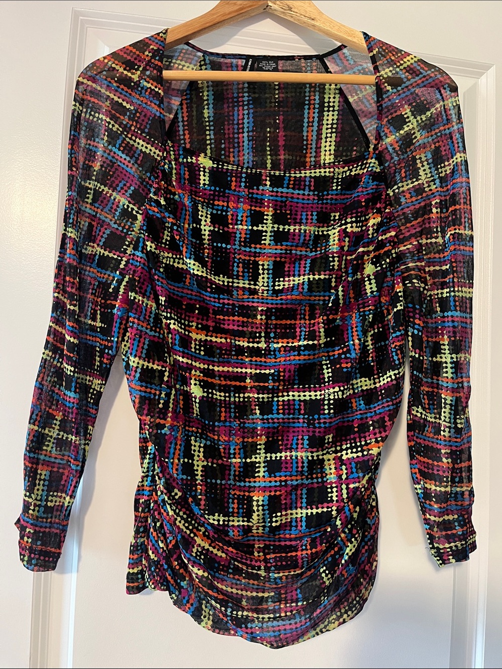 Lynn Ritchie 100% Silk Colorful Plaid Blouse XL lightweight stretchy